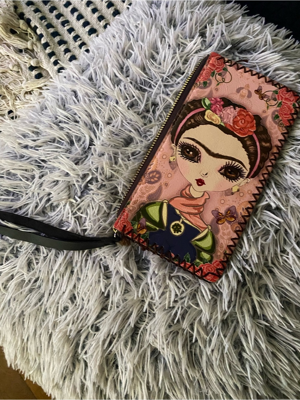 Pink Frida Kahlo Art Zip Wallet Wristlet